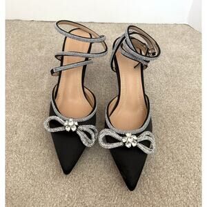 Black Satin Silver Rhinestone Strappy Heels, Hayixia Sandals, Women Size 39, 8.5